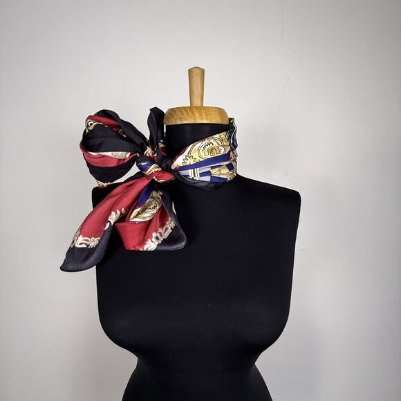Vintage Silk Baroque Holiday Scarf | Navy, Gold, Red | Jujus Vintage Find - Picture 1 of 10